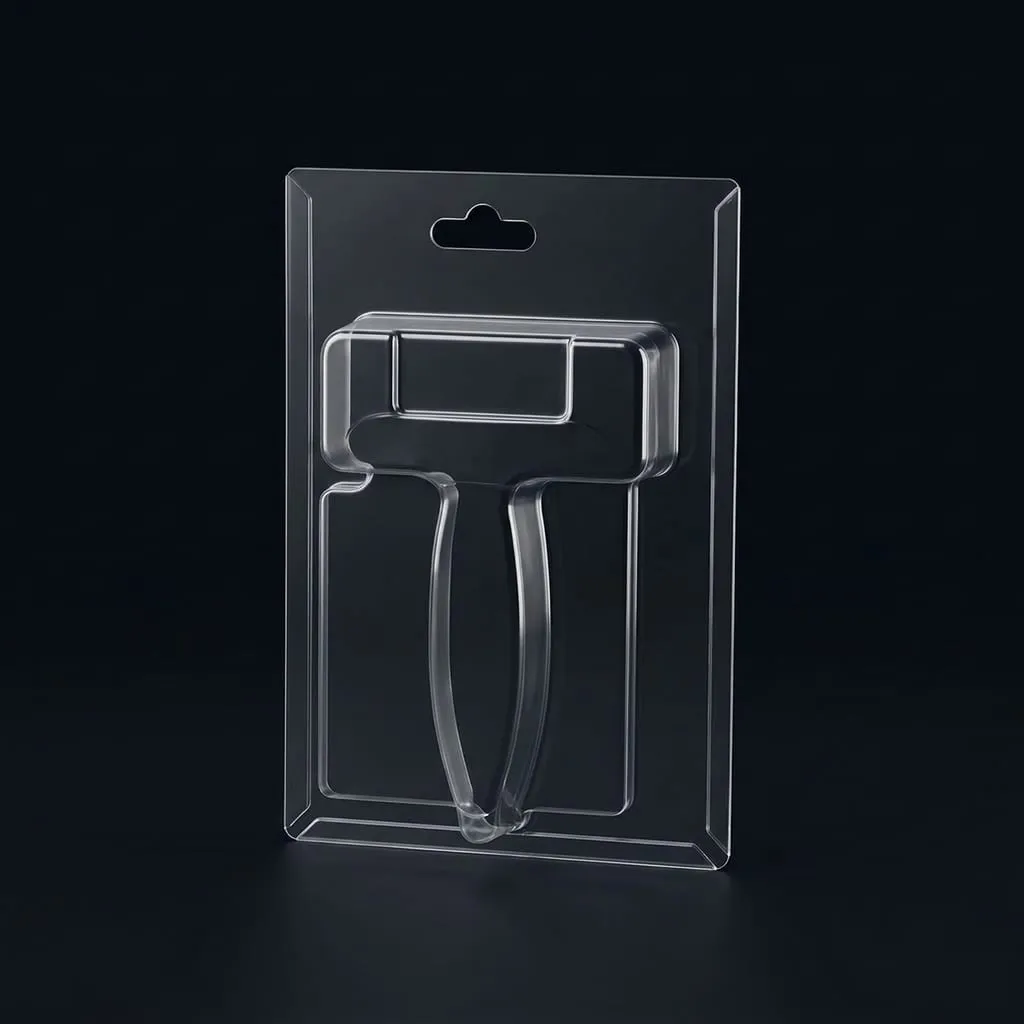 Trapped blister transparent clip packaging with cardboard backing — Scafa Thermoforming